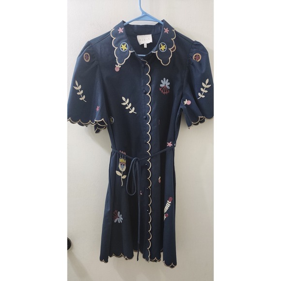 Mable Dresses & Skirts - MABLE Navy Blue Embroidered‎ Scalloped Linen Blend Mini Shirt Dress MD4896A M